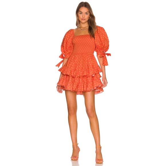 Caroline Constas Finley Puff Sleeve Tiered Mini Dress Salmon & Orange Polka Dot - Picture 1 of 9